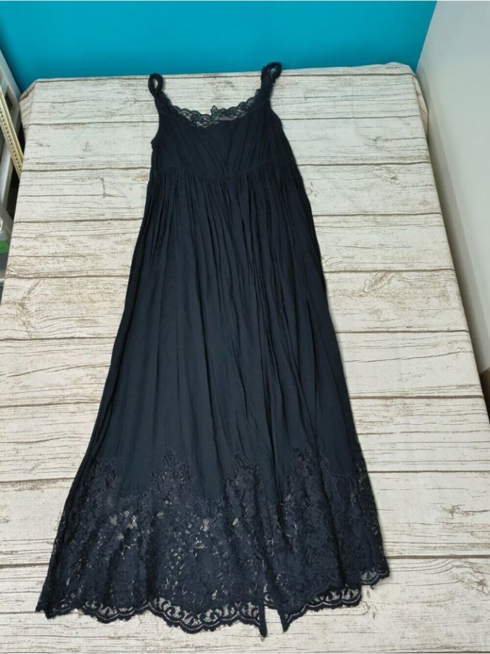 Anthropologie Black Slip Dress Lace Detail Front Slit Size Medium - Picture 9 of 9
